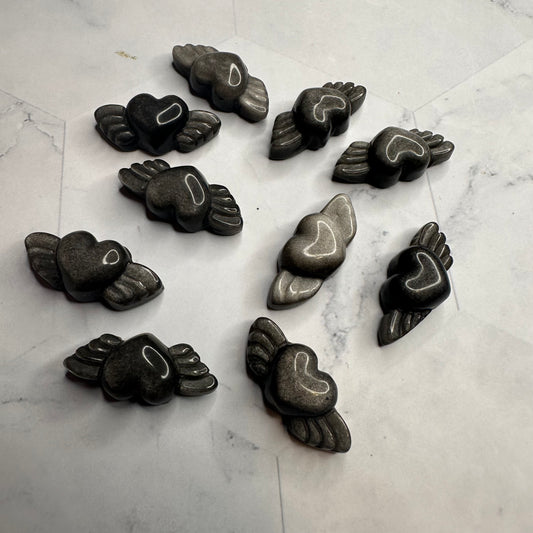 Obsidian (Silver Sheen) Winged Heart Carvings